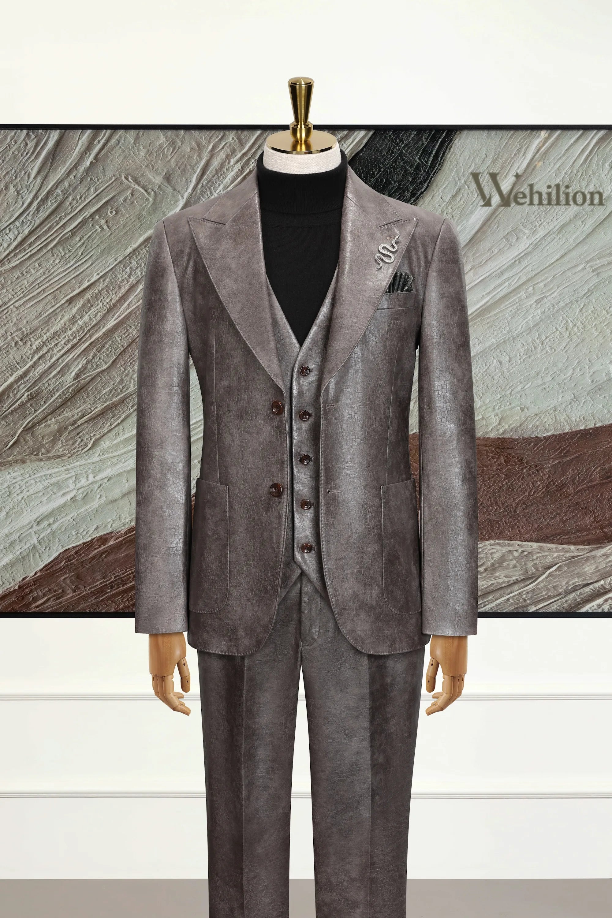 Men's Grey Peak Lapel Leather 3 Piece Suit