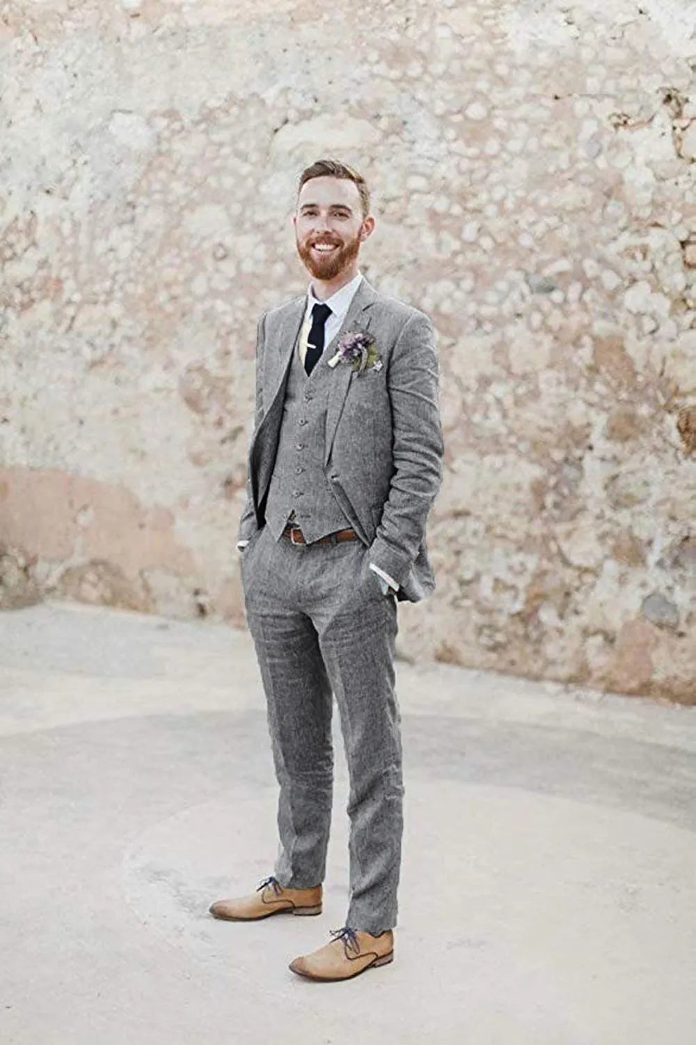 Full body view of men's grey 3 piece linen suit – retro slim fit beach wedding outfit with blazer, vest, and tailored pants, styled with white shirt and tie