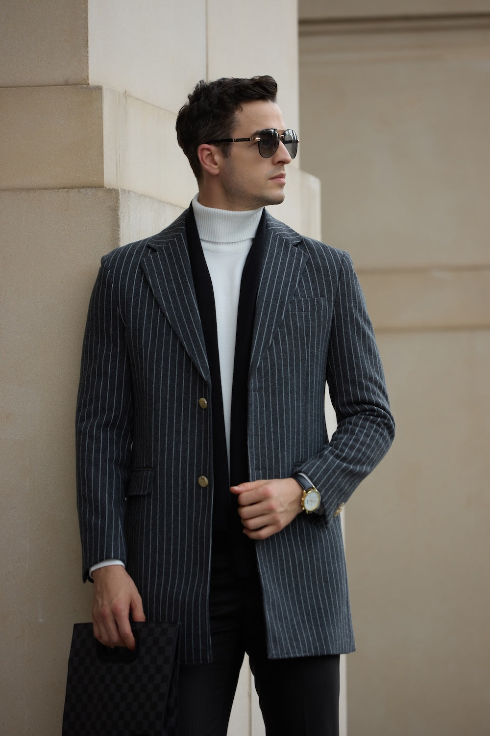 Grey wool trench coat for men – classic fit with white turtleneck and black scarf