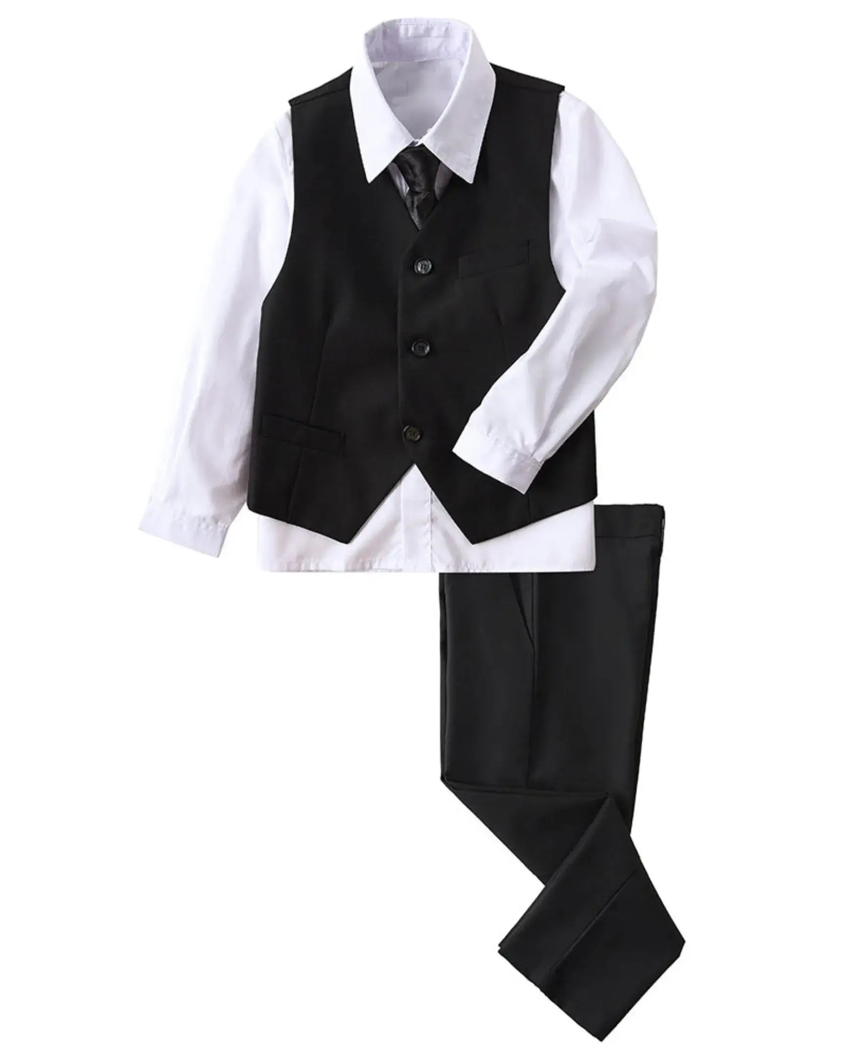 Black boys 4 piece suit with vest, pants, white dress shirt, and tie – formal wedding outfit