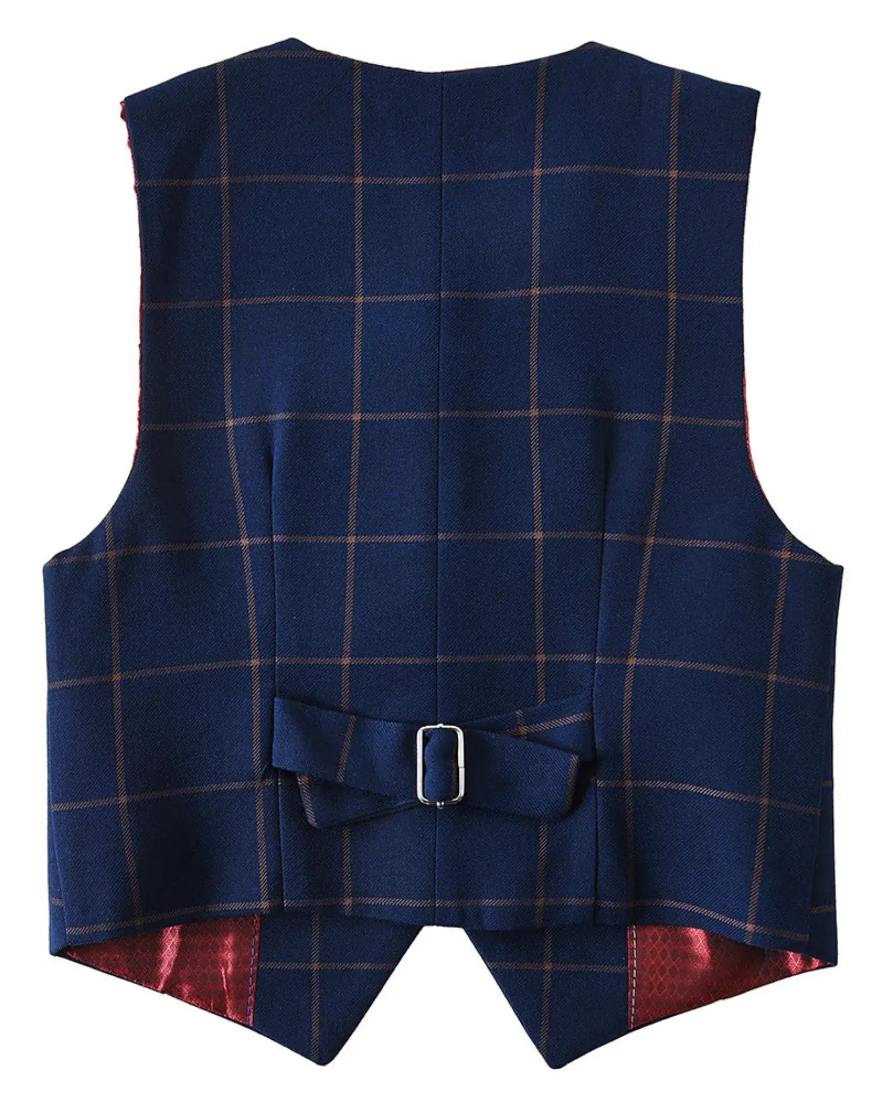 Blue plaid vest back view with adjustable strap – boys 4 piece formal suit set