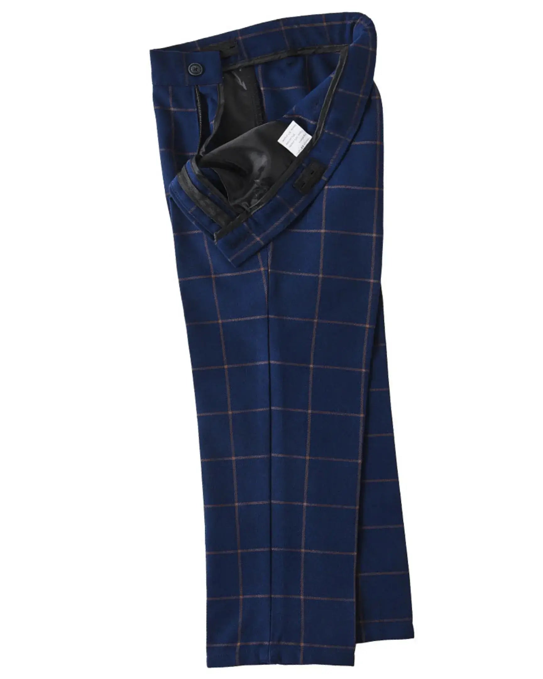 Blue plaid pants folded view from boys 4 piece suit – formal wedding outfit