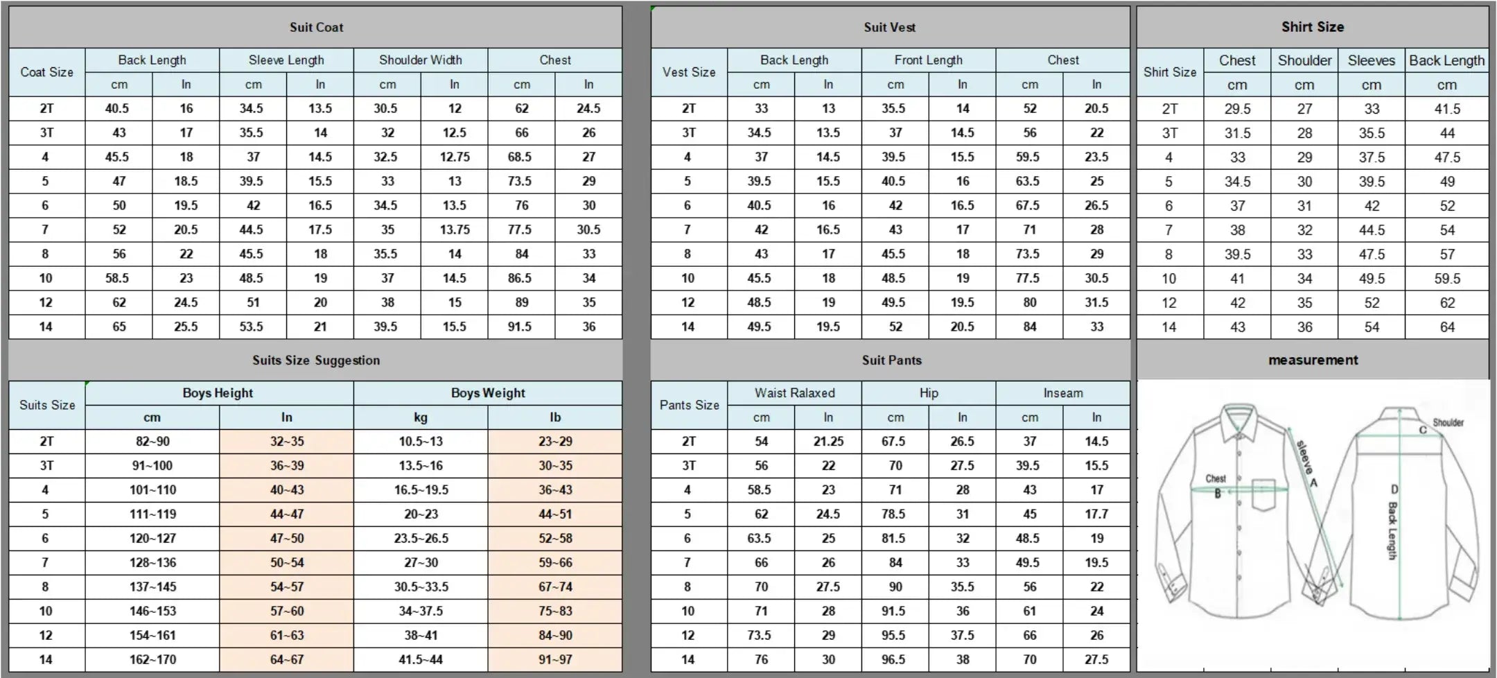 Size chart for blue plaid boys 4 piece suit – measurements for vest, pants, and shirt