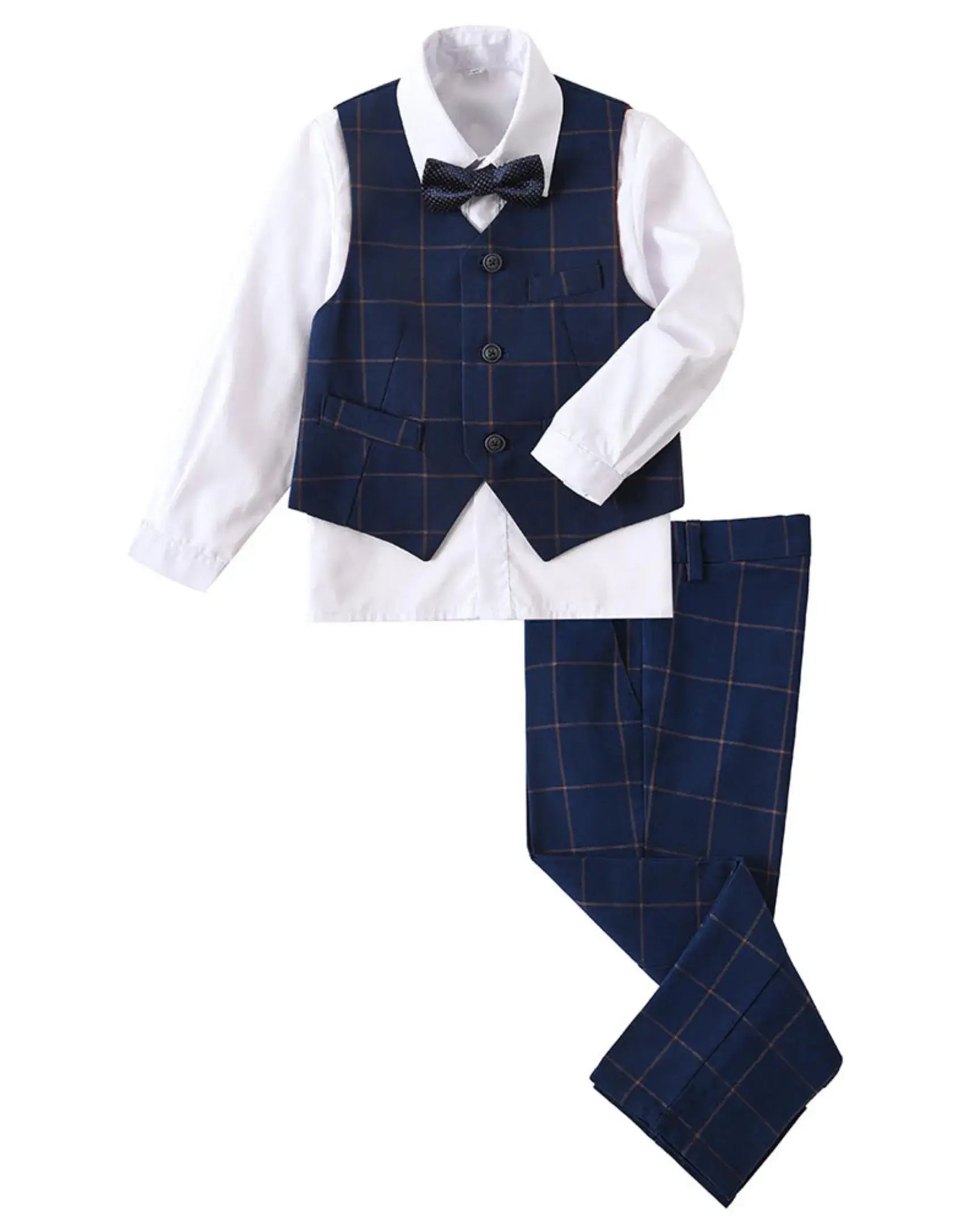 Blue plaid boys 4 piece suit with vest, pants, white dress shirt, and tie – formal wedding outfit