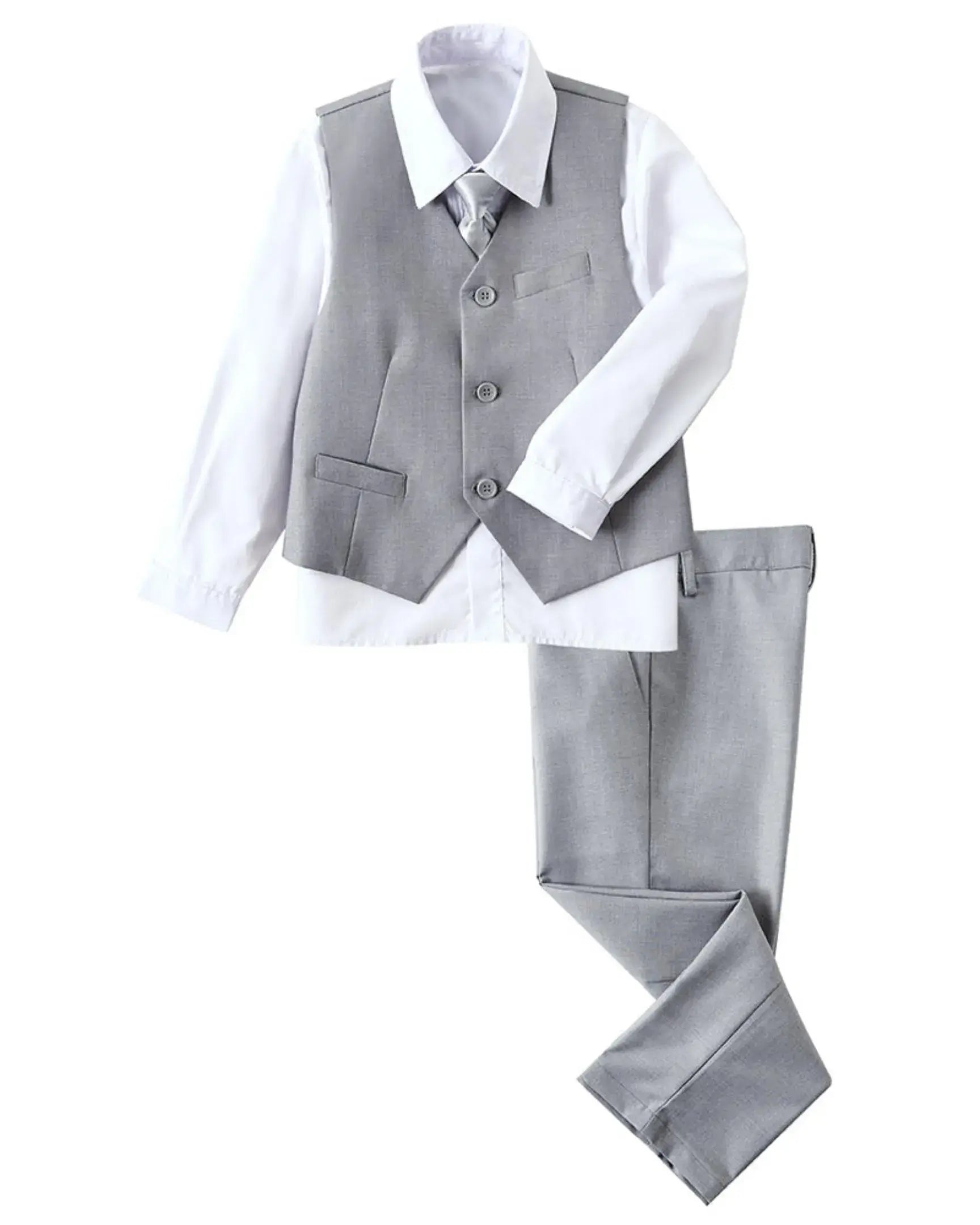 Gray boys 4 piece suit with vest, pants, white dress shirt, and tie – formal wedding outfit