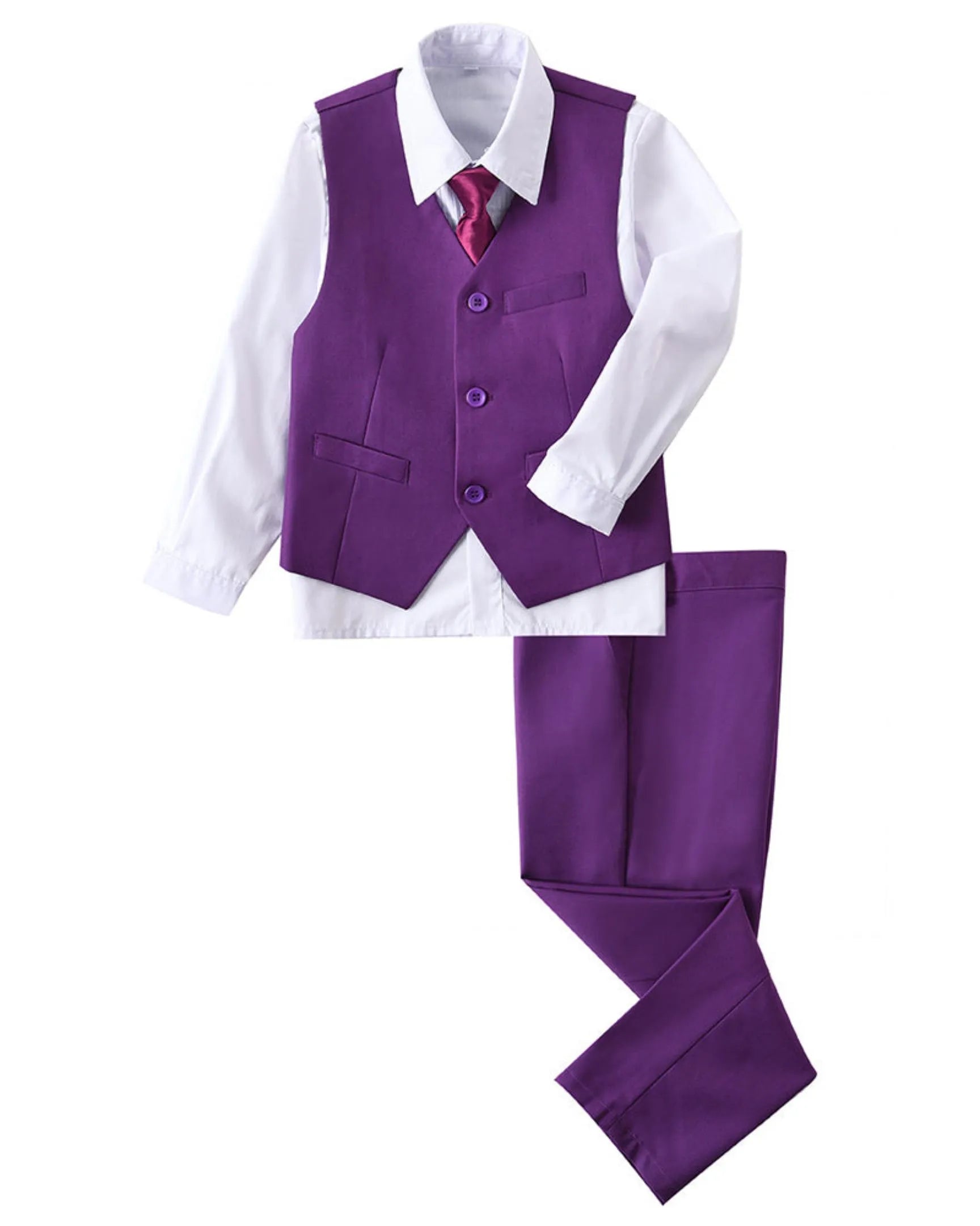 Purple boys 4 piece suit with vest, pants, white dress shirt, and tie – formal wedding outfit