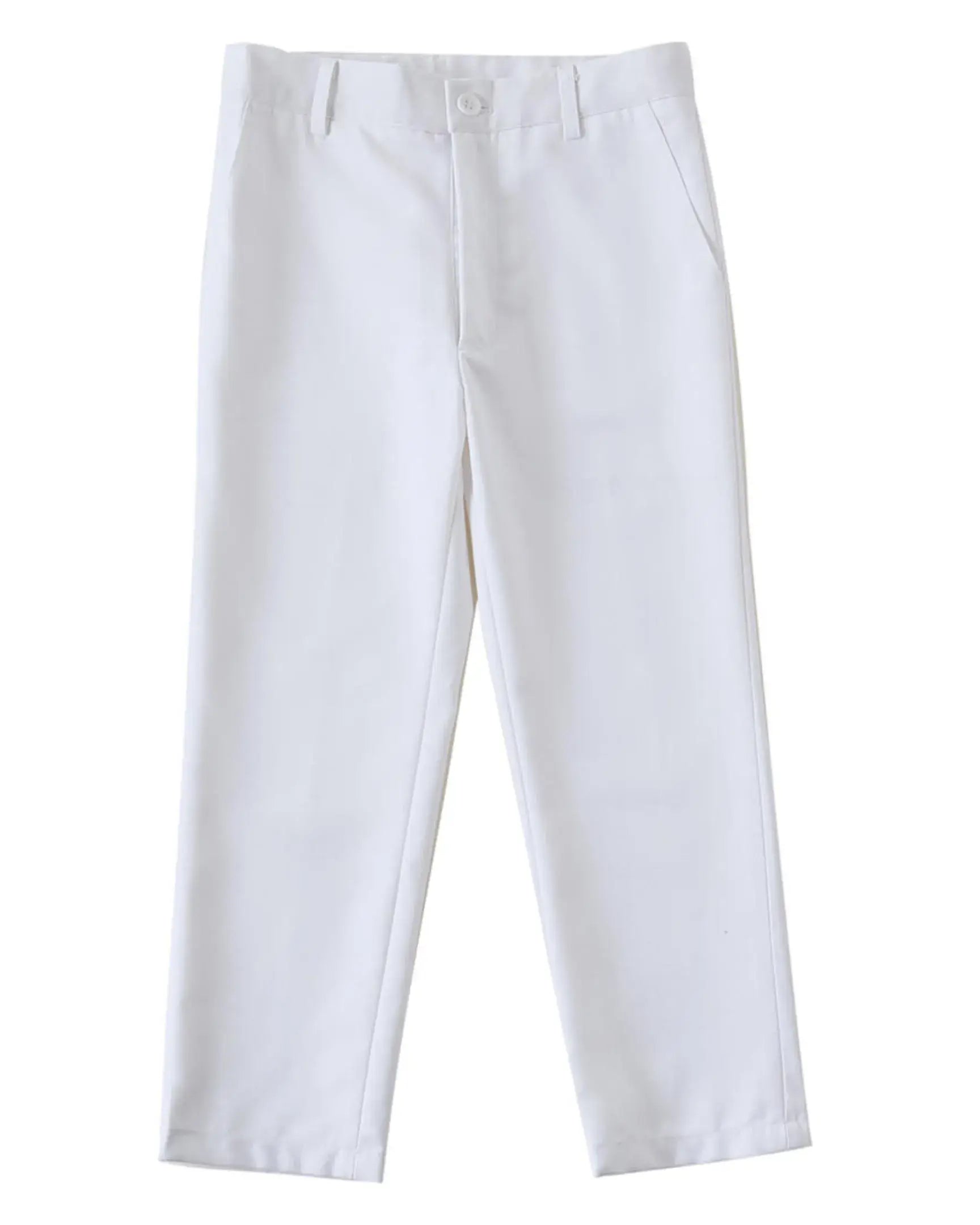 White pants flat lay from boys 4 piece suit – wedding and prom outfit for boys