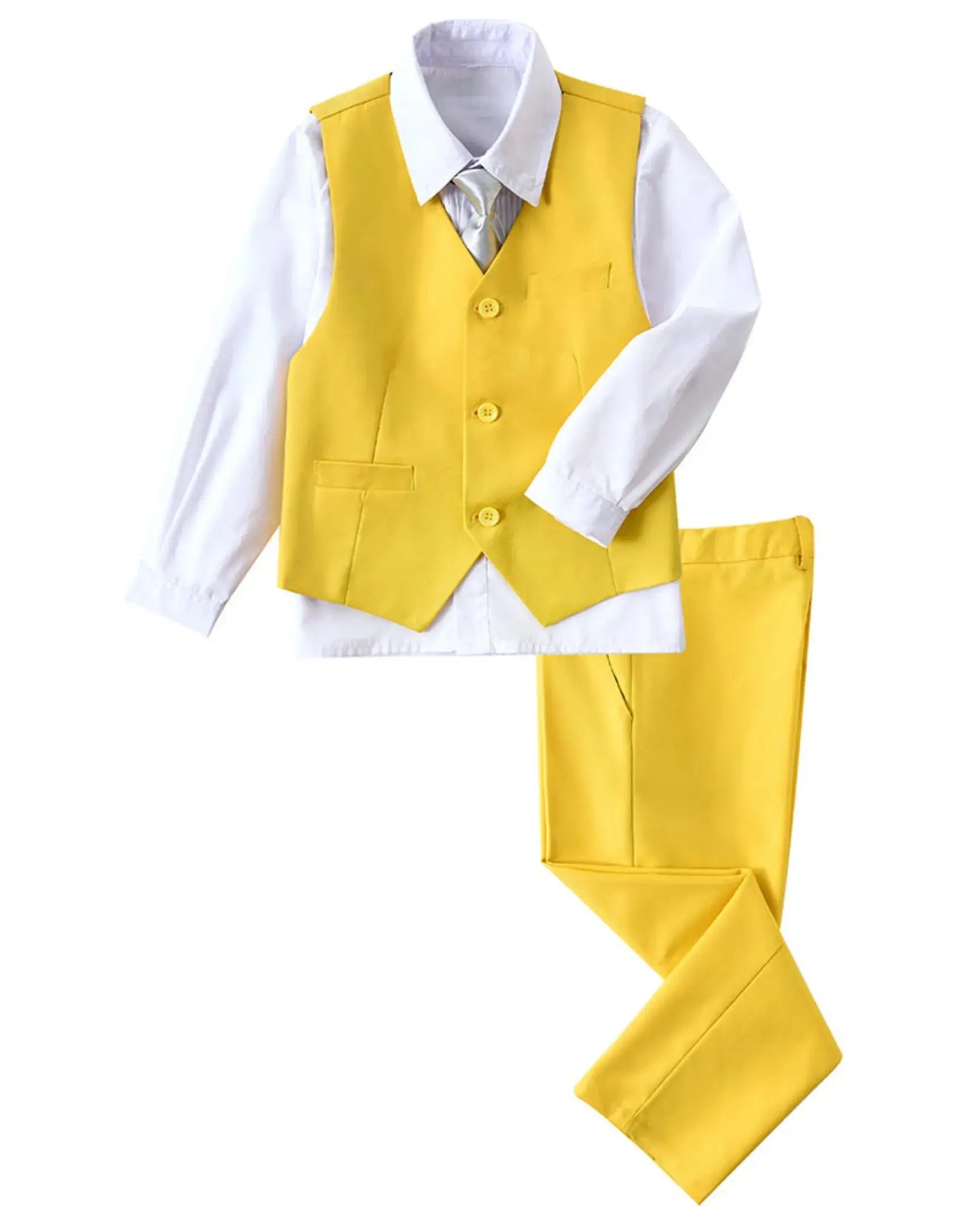 Yellow boys 4 piece suit with vest, pants, white dress shirt, and tie – formal wedding outfit