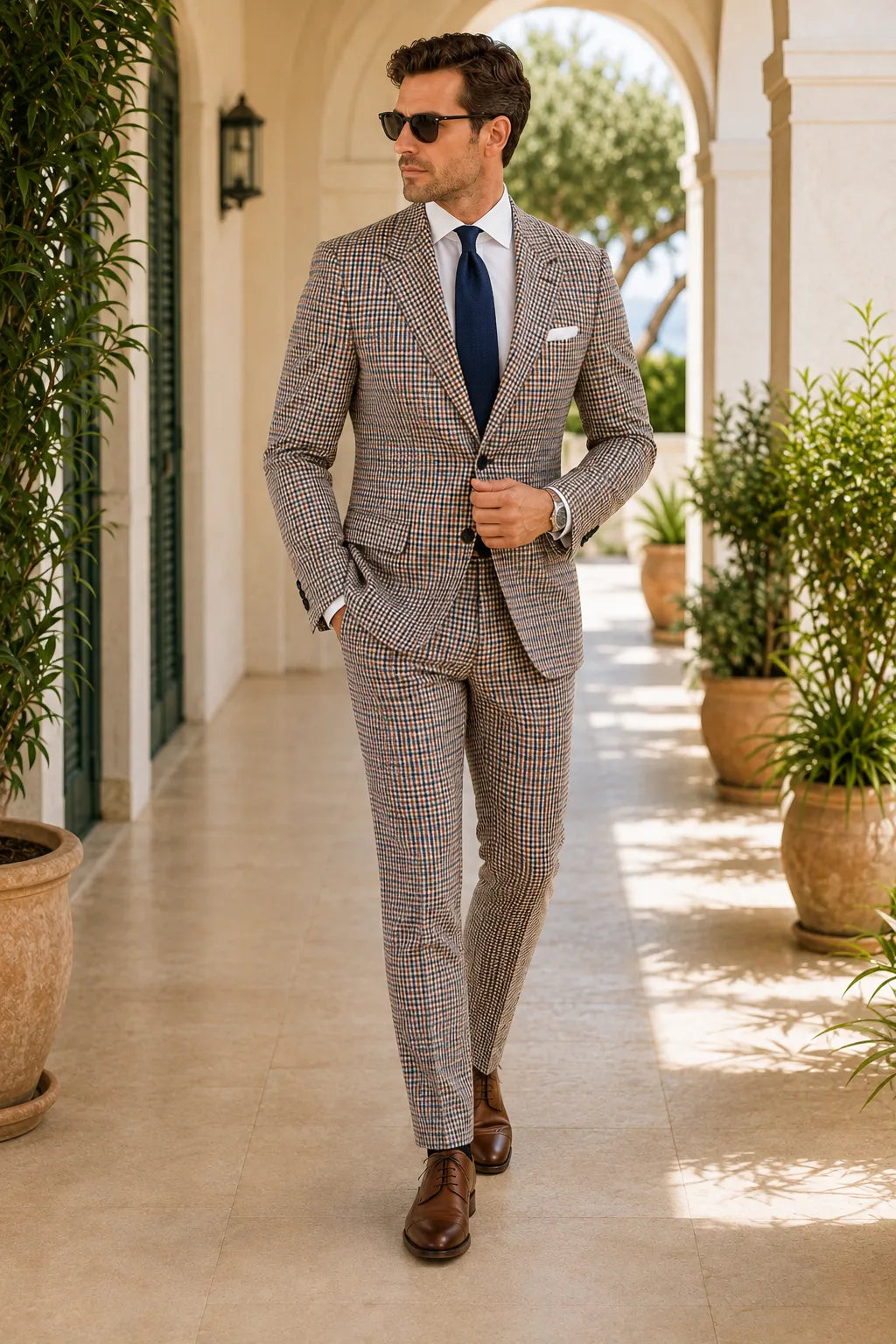 Men's Grey Check Peak Lapel 2 Piece Suit