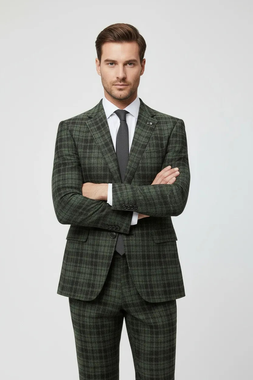 Men's Green Plaid Herringbone 2 Piece Suit