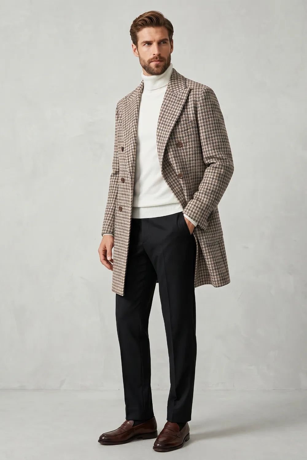 Men's Taupe Glen Plaid Double-Breasted Overcoat