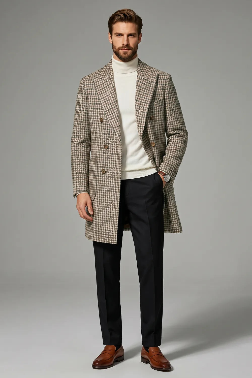 Men's Taupe Glen Plaid Double-Breasted Overcoat