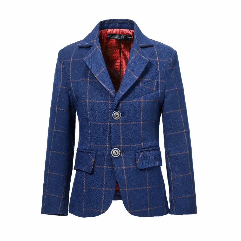 Front view of blue plaid boys formal blazer with notched lapel and flap pockets, perfect for school or special events.