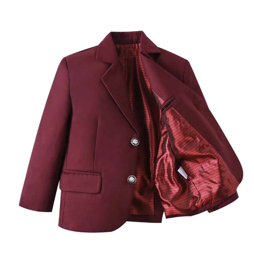 Burgundy boys blazer opened to show satin lining and interior pocket design with tailored finish for premium schoolwear