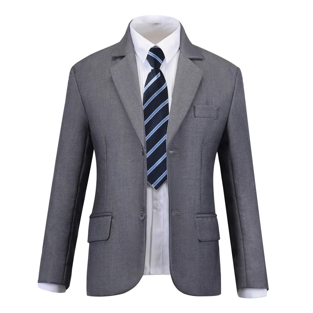 Gray boys school blazer with two-button front and striped tie, perfect for formal events and smart school uniform outfits.