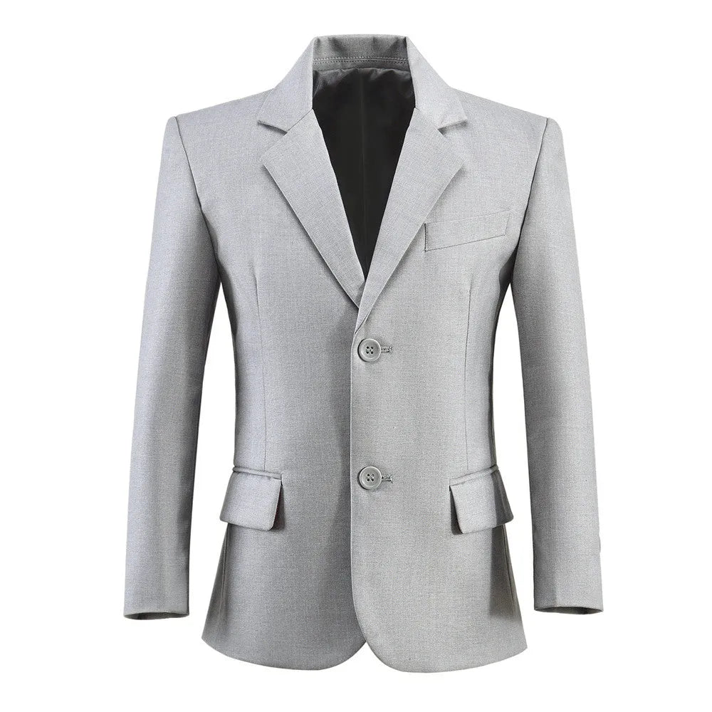 Light gray boys dress blazer with notch lapel and flap pockets, ideal for page boys and formal school attire