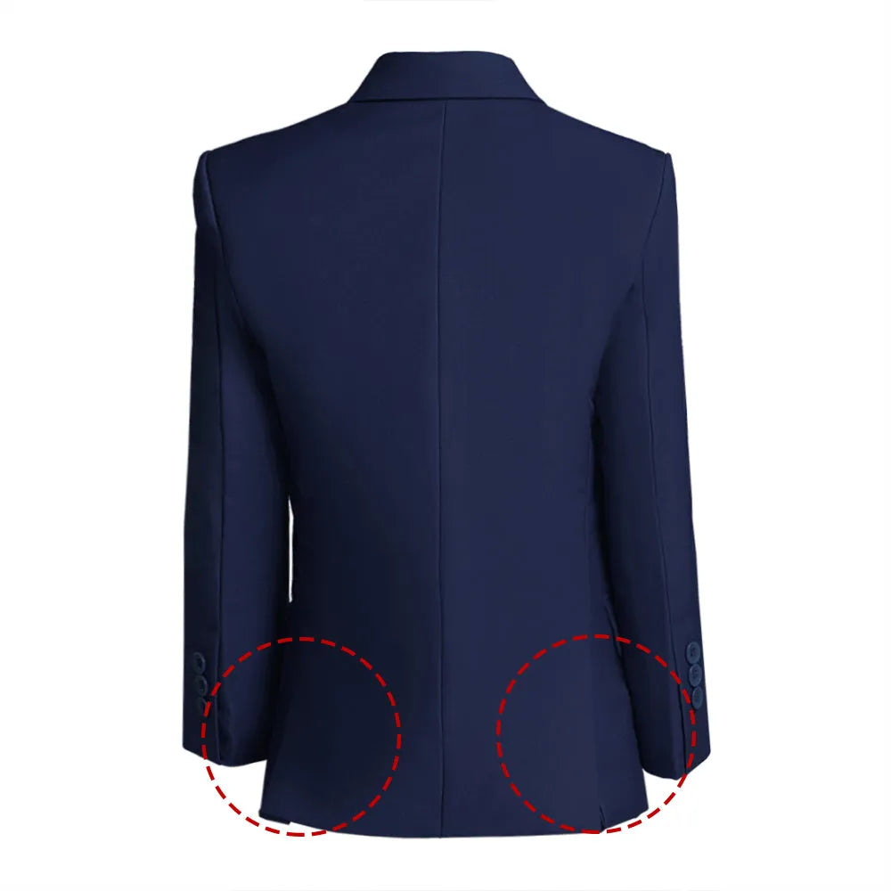 Back view of affordable blue boys school blazer with twin vents and seam details for clean and structured formal appearance