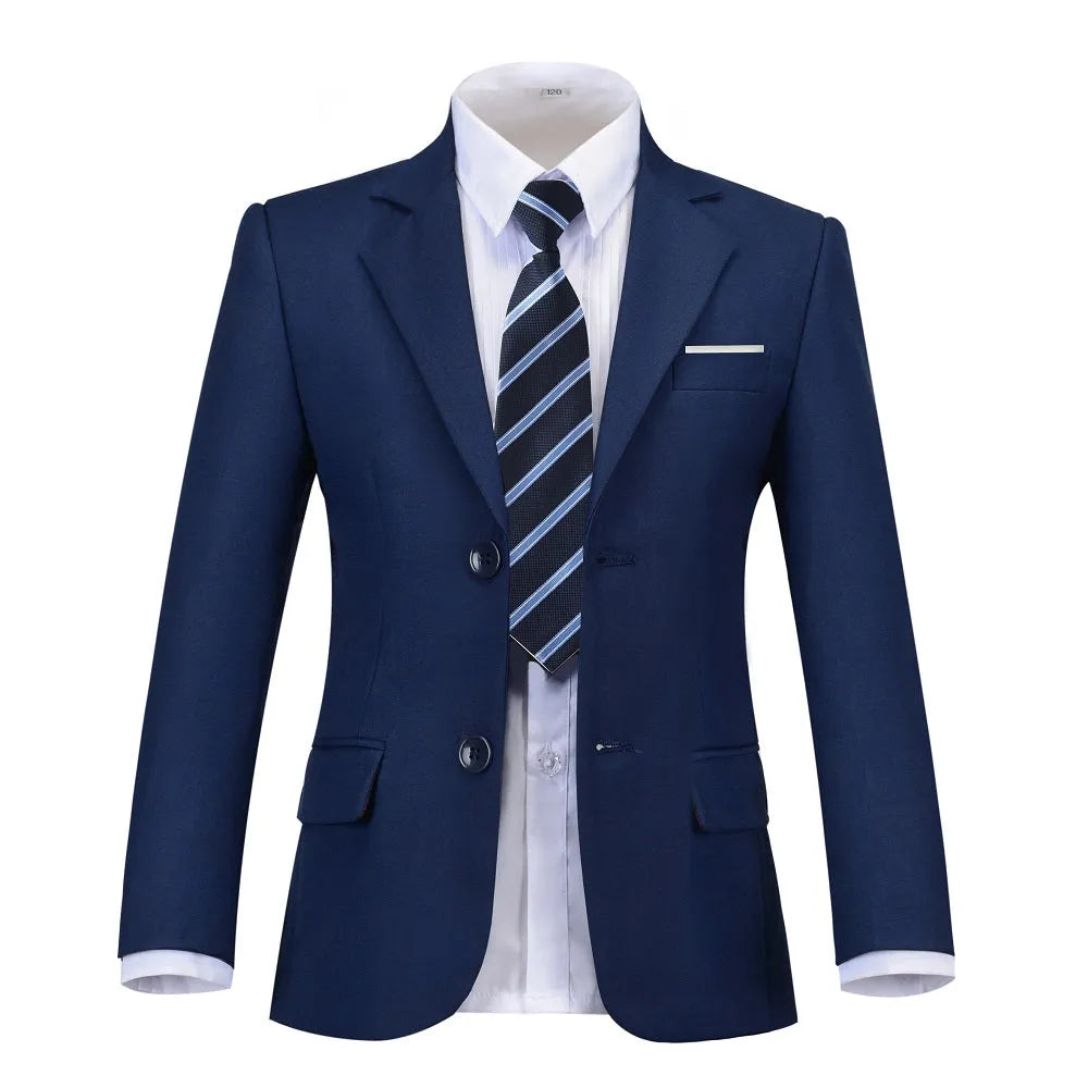 Blue boys formal blazer with striped tie and notch lapel – affordable school jacket front view for age 6–14 events or daily wear