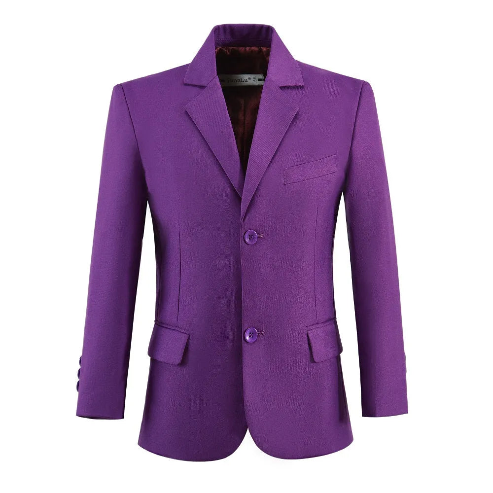 Purple boys formal blazer with classic two-button front and flap pockets, ideal school or event jacket for young gentlemen