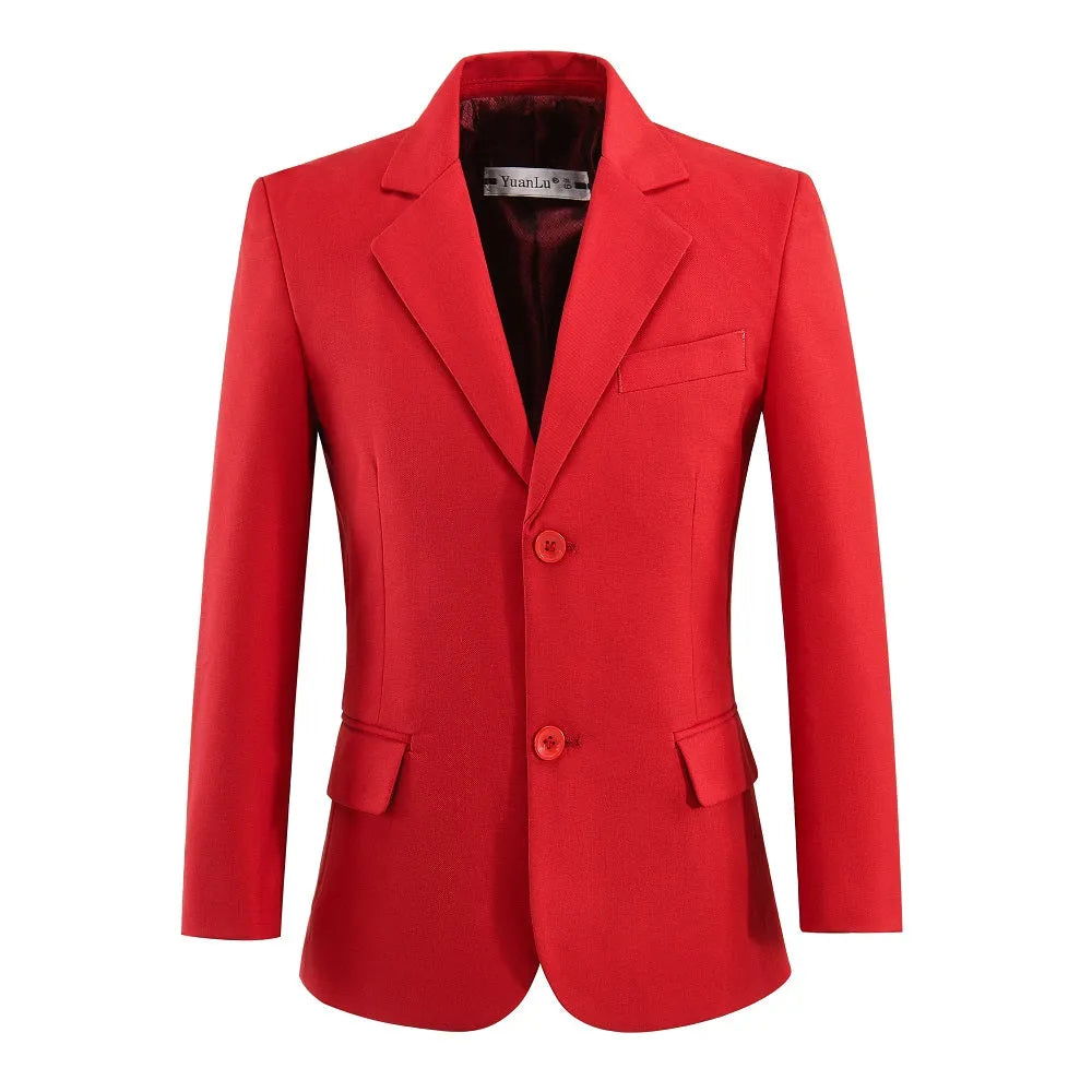 Red boys formal blazer front view with notch lapel and two-button closure for school and special occasion wear