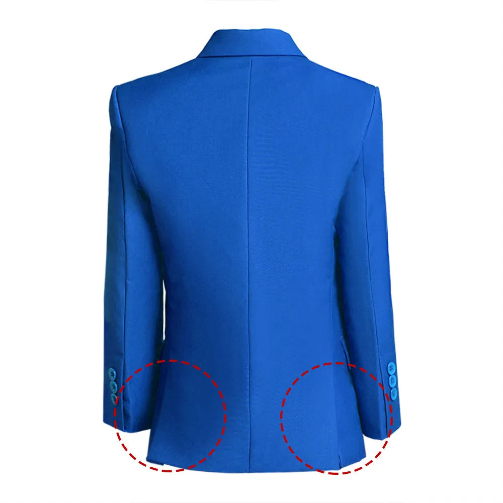 Back view of royal blue boys school blazer with double back vents and clean seam tailoring for formal fit.