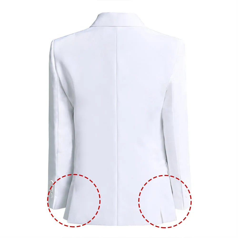 Rear view of boys white school blazer with double back vents and clean tailored seams for a polished suit jacket look.