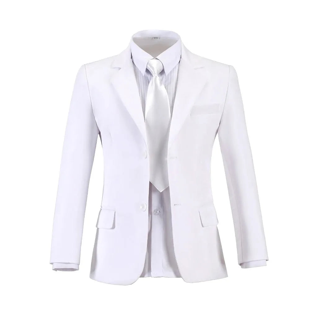White boys blazer suit with tie – front view of formal school jacket for kids aged 6–13, ideal for weddings or performances.