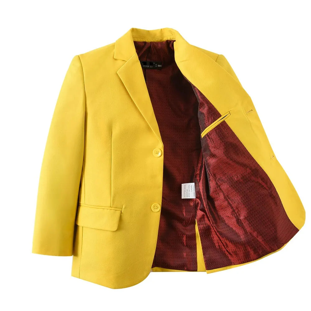 Inside view of yellow school blazer with maroon satin lining, tailored for boys' formal events or academic uniforms