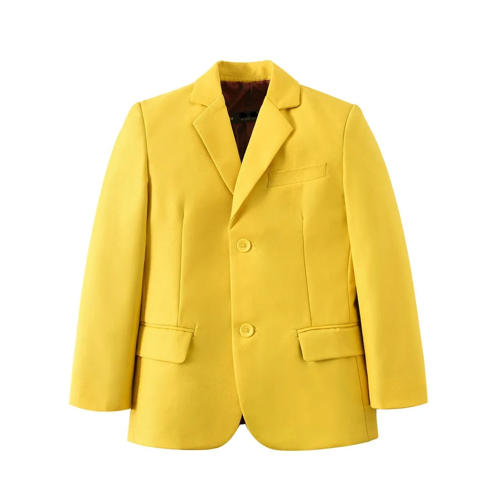 Front view of yellow boys formal school blazer with flap pockets and notch lapel – ideal for ceremonies or school functions
