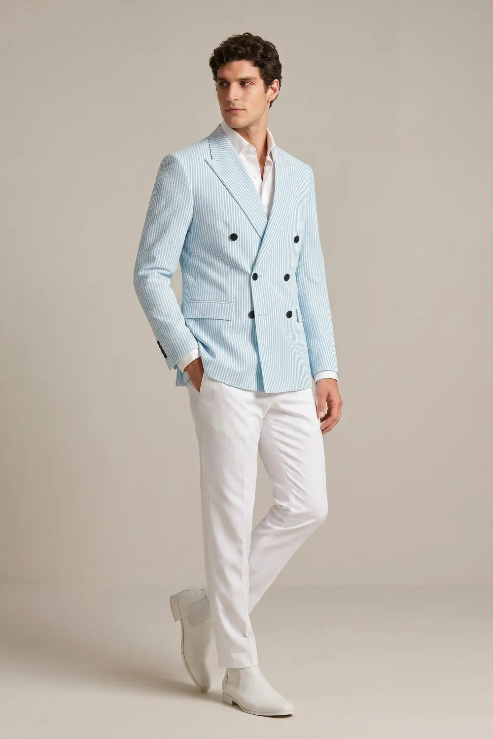 Men's Light Blue Striped Double Breasted Seersucker Blazer