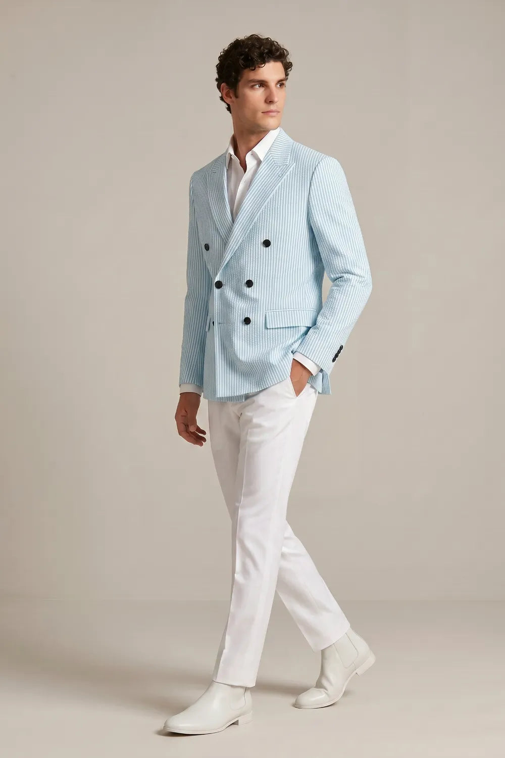 Men's Light Blue Striped Double Breasted Seersucker Blazer