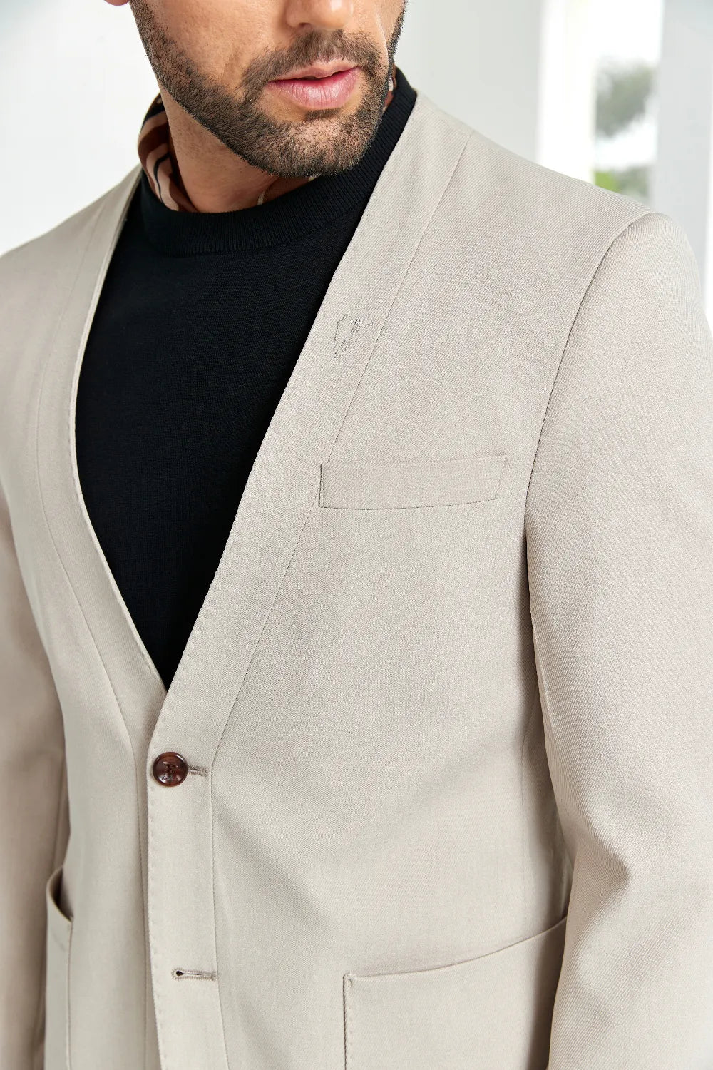 Men's Ivory Simple Casual Collarless Blazer