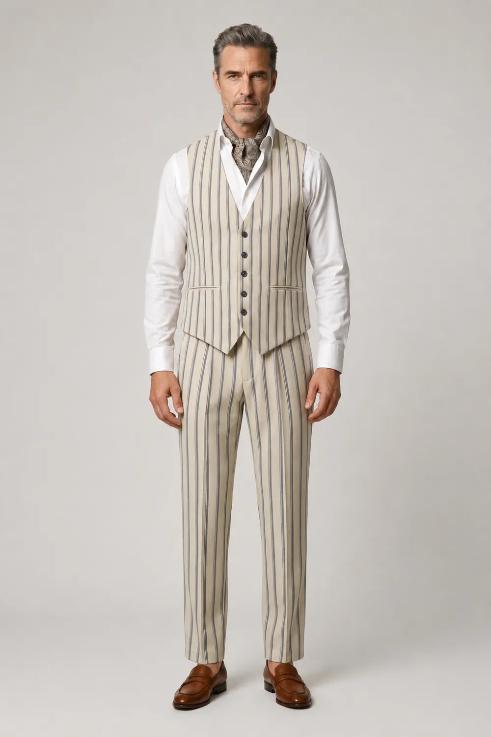 Men's Ivory Striped Wide Notch Lapel 3 Piece Suit