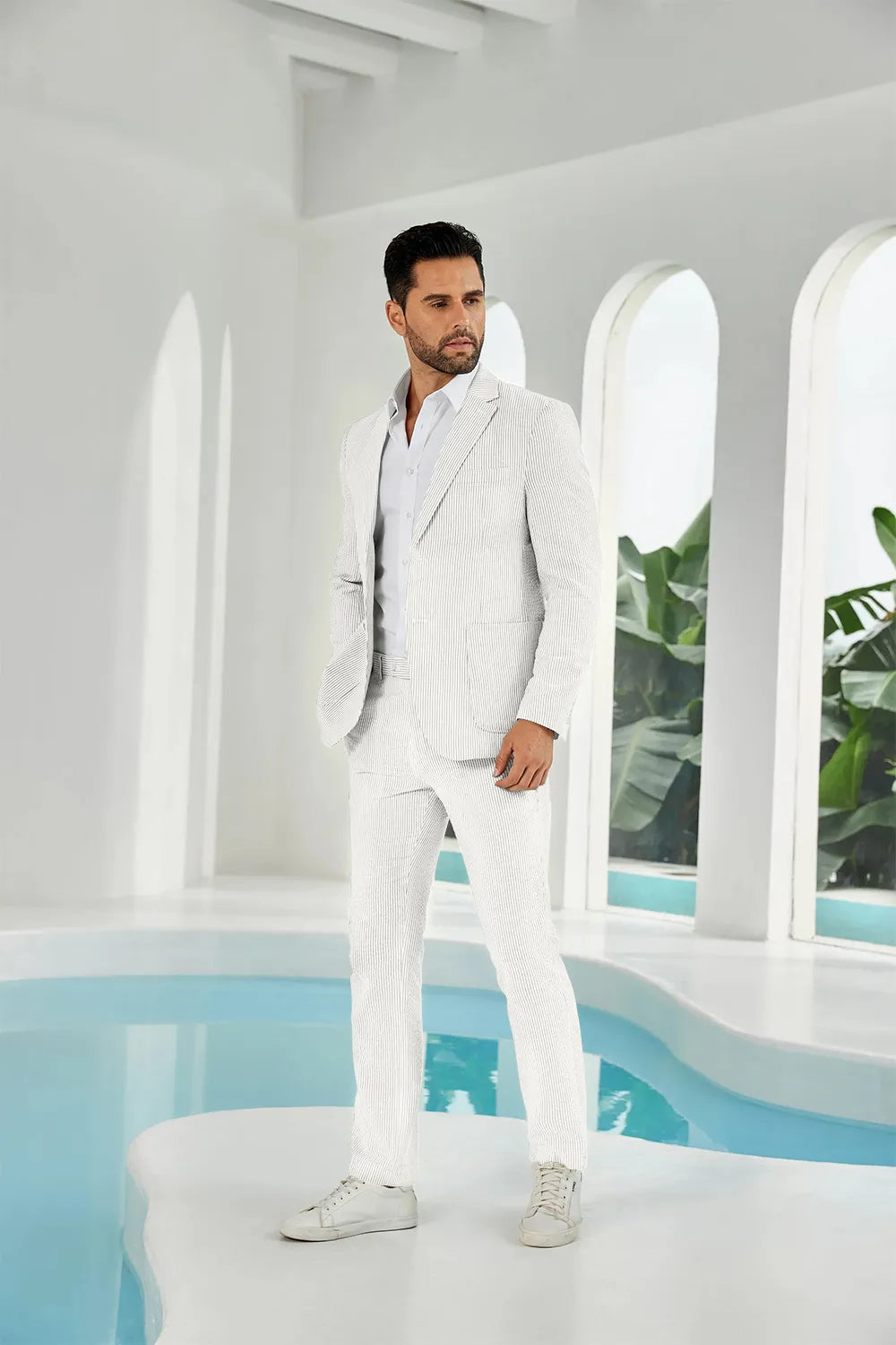 Ivory white seersucker striped blazer pants 2 piece men's summer suit upgrade version on model