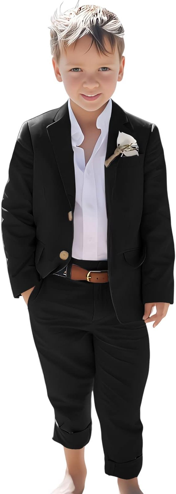 Black linen boys suit with slim-fit jacket and rolled pants – summer wedding ready