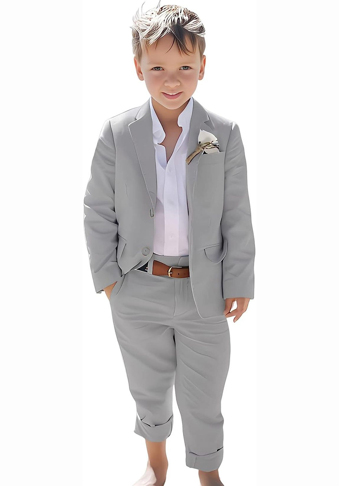 Grey linen boys suit with slim-fit jacket and rolled pants – summer wedding ready