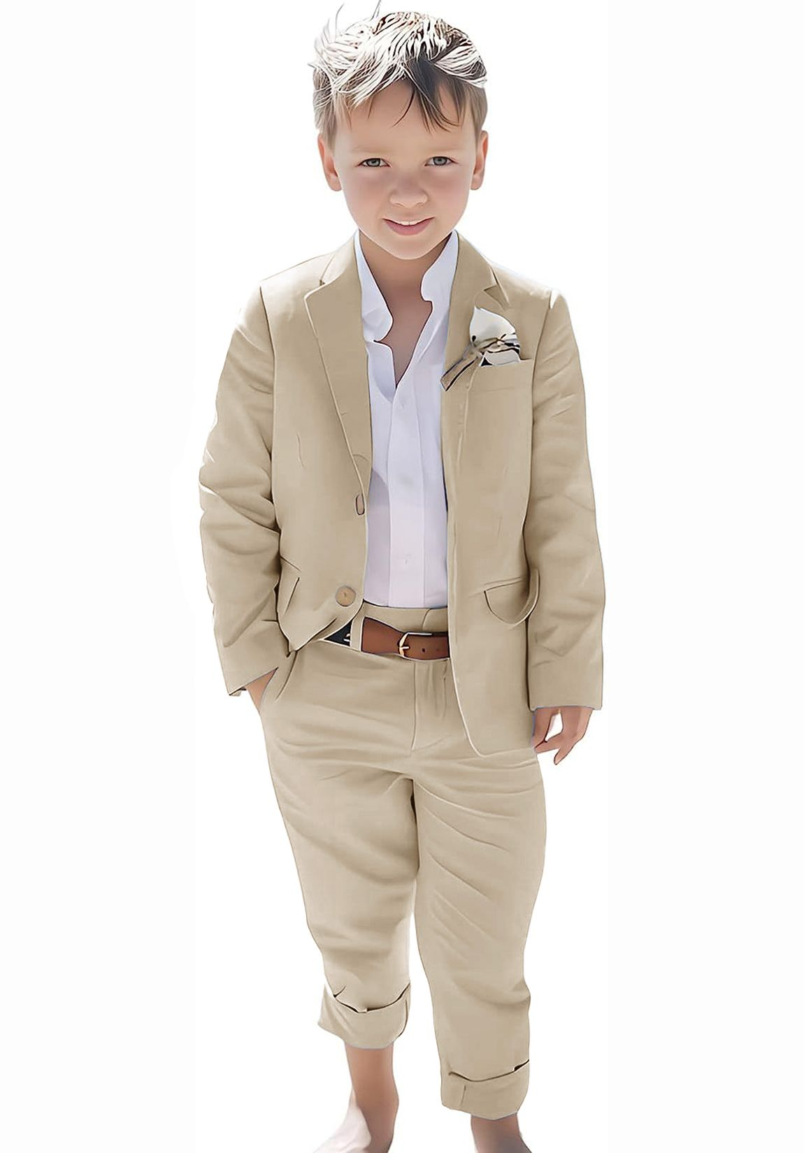 Khaki linen boys suit with slim-fit jacket and rolled pants – summer wedding ready