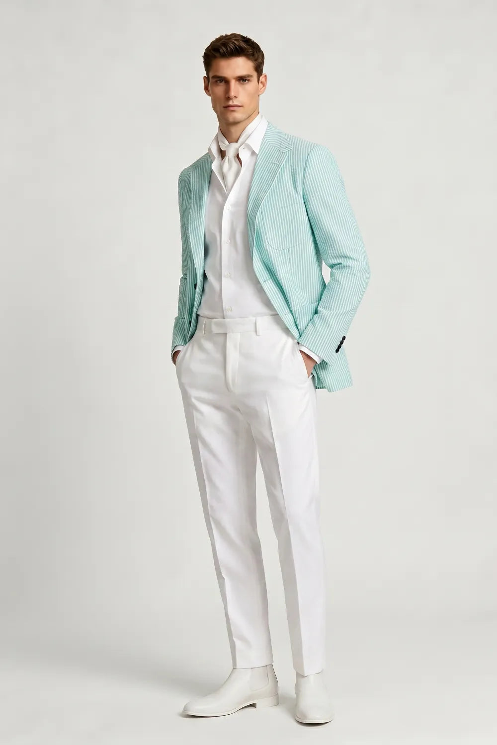 Men's Mint Green Striped Notch Lapel Seersucker Blazer