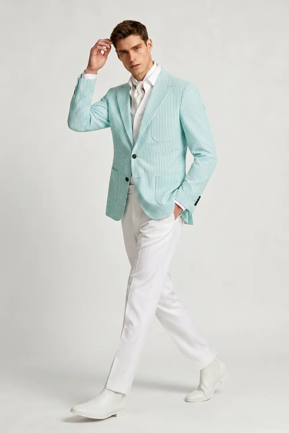 Men's Mint Green Striped Notch Lapel Seersucker Blazer