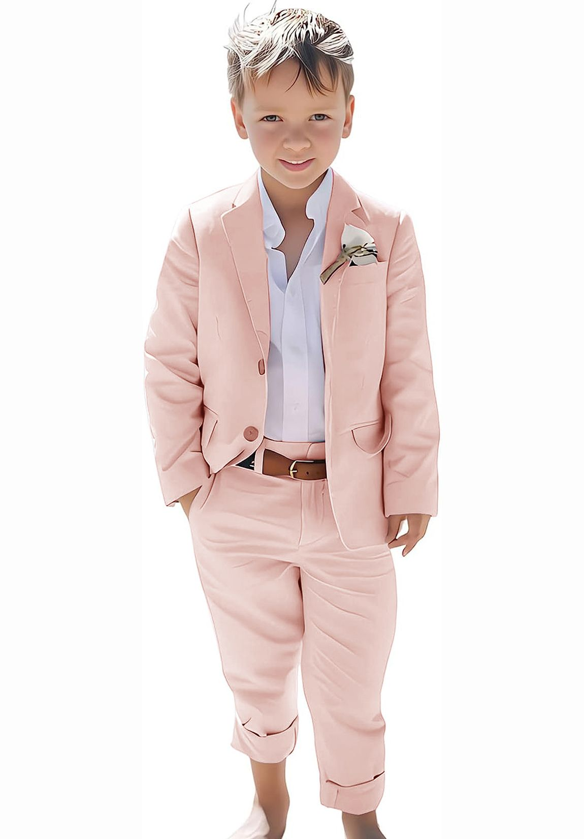 Boys 2 piece pink linen suit set for beach events and formal summer style