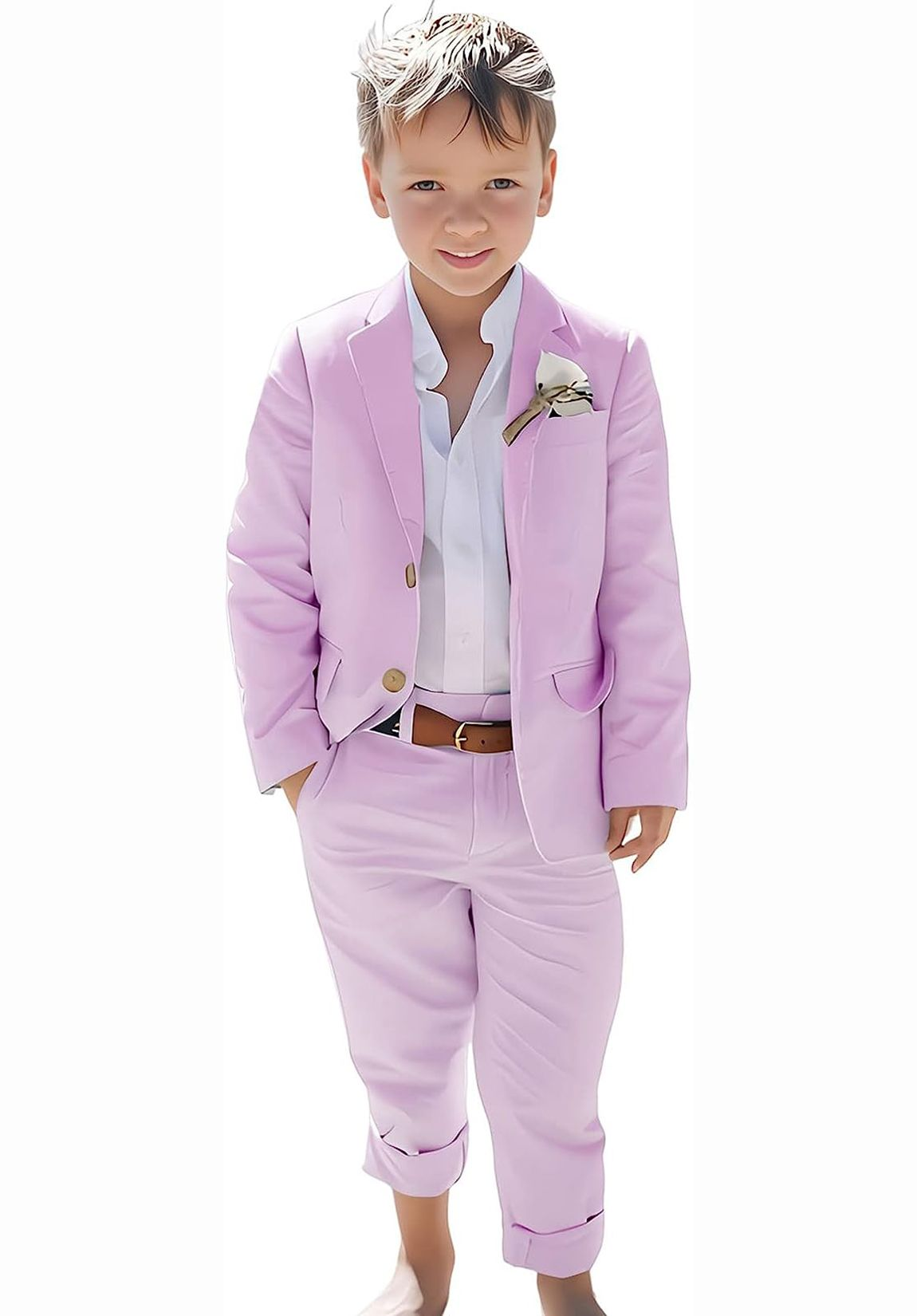 Boys 2 piece purple linen suit set for beach events and formal summer style
