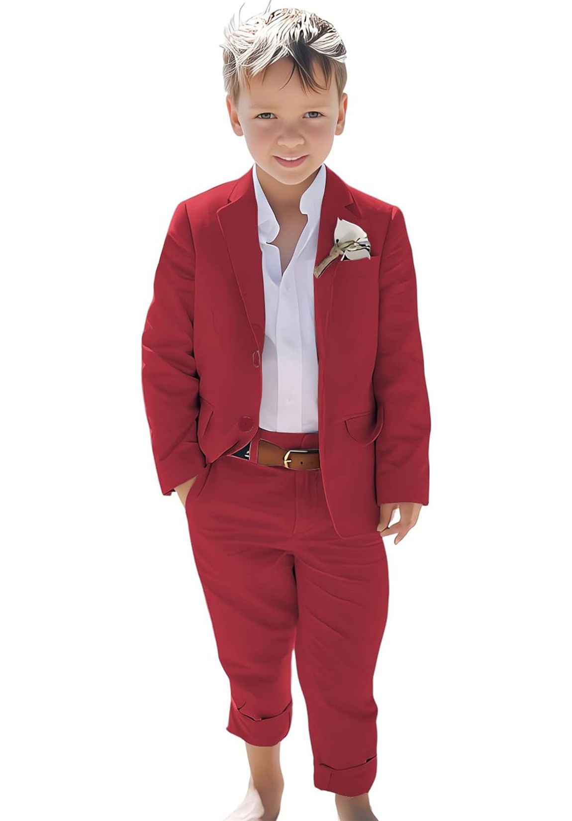 Red linen boys suit with slim-fit jacket and rolled pants – summer wedding ready