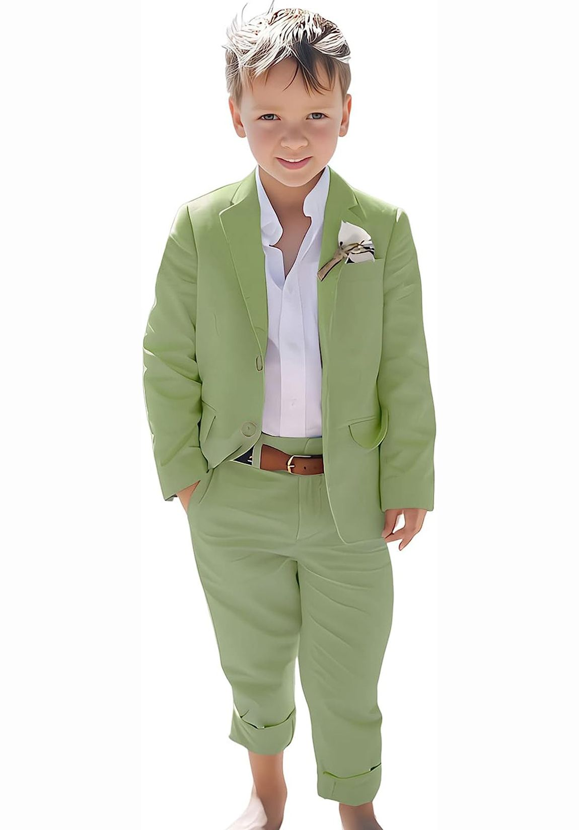 Boys 2 piece sage green linen suit set for beach events and formal summer style