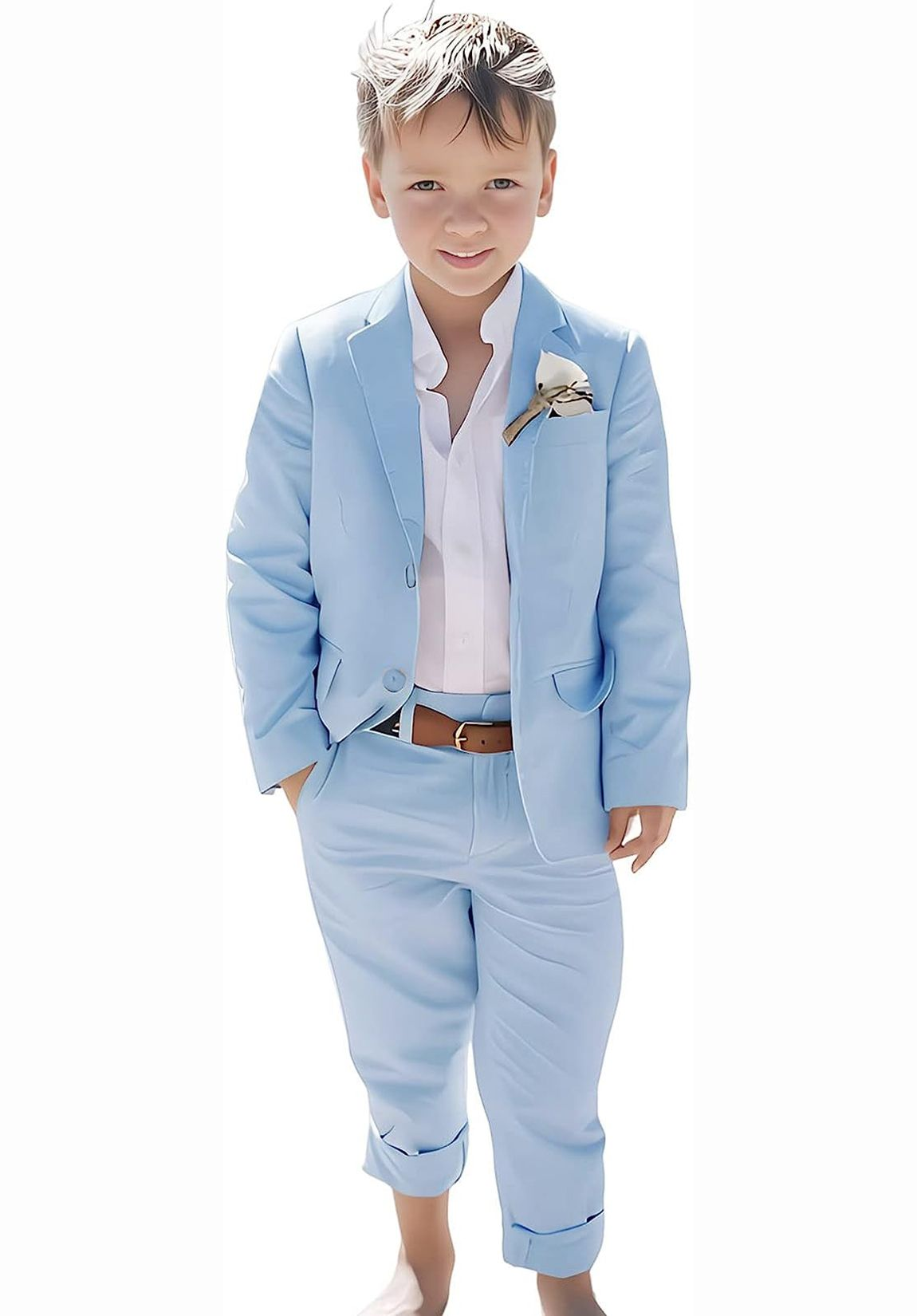 Boys 2 piece sky blue linen suit set for beach events and formal summer style