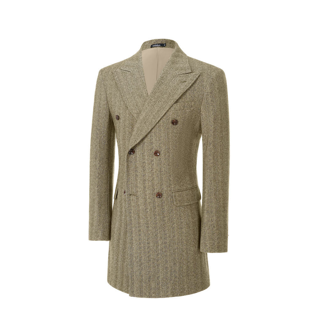 Men's khaki wool overcoat - side view of urban double breasted long winter coat with herringbone pattern, formal outerwear for men