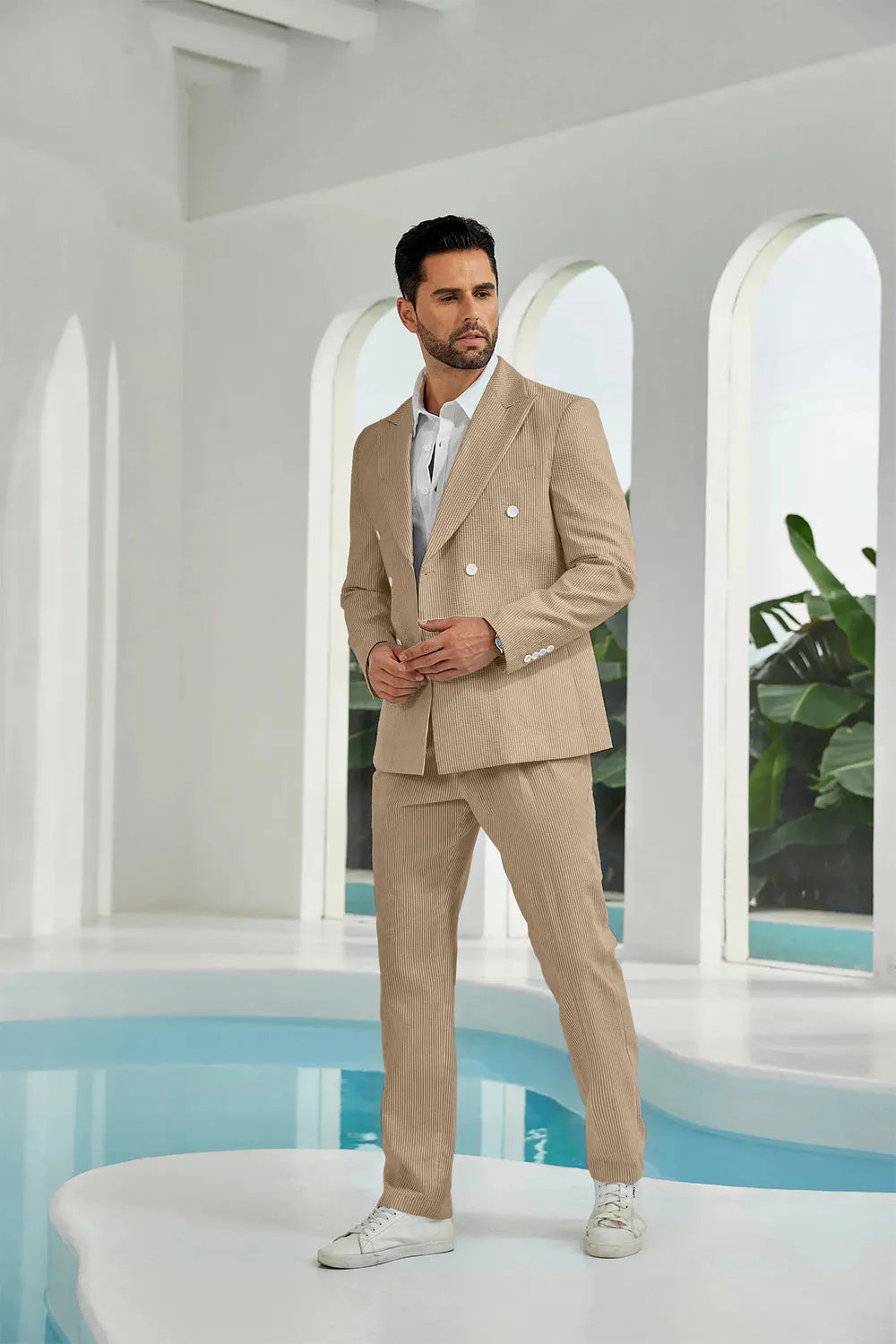 Khaki seersucker double breasted blazer pants 2 piece men's summer suit upgrade version side display