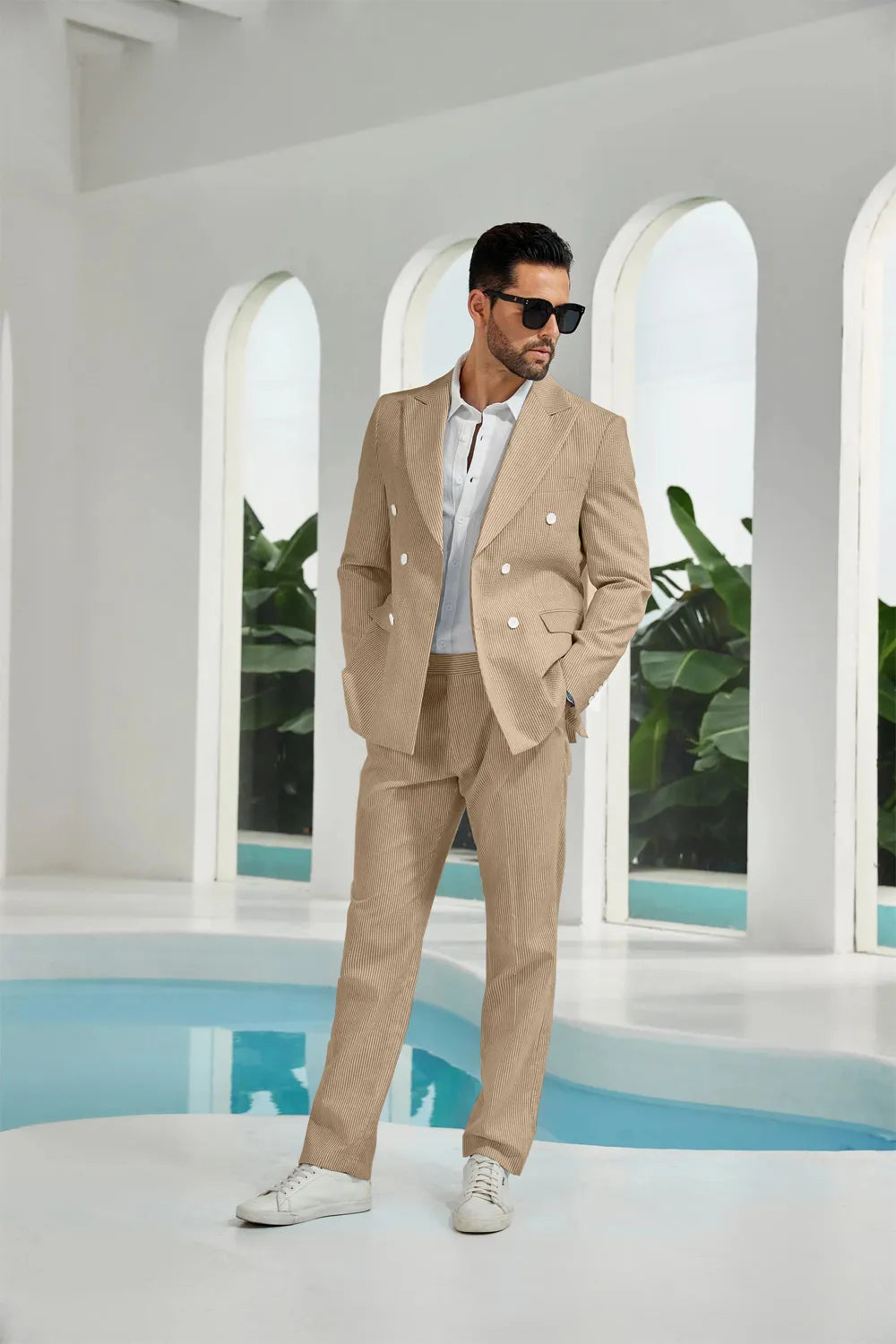 Khaki seersucker double breasted blazer pants 2 piece men's summer suit upgrade version