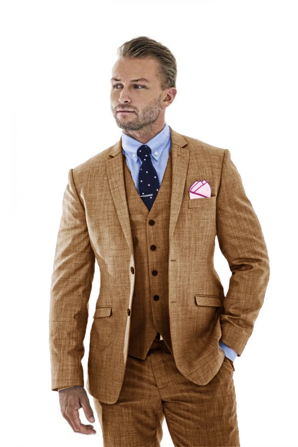Men's khaki linen 3 piece suit – retro wedding style with blazer, buttoned vest, and formal trousers, paired with blue shirt and polka dot tie for summer events