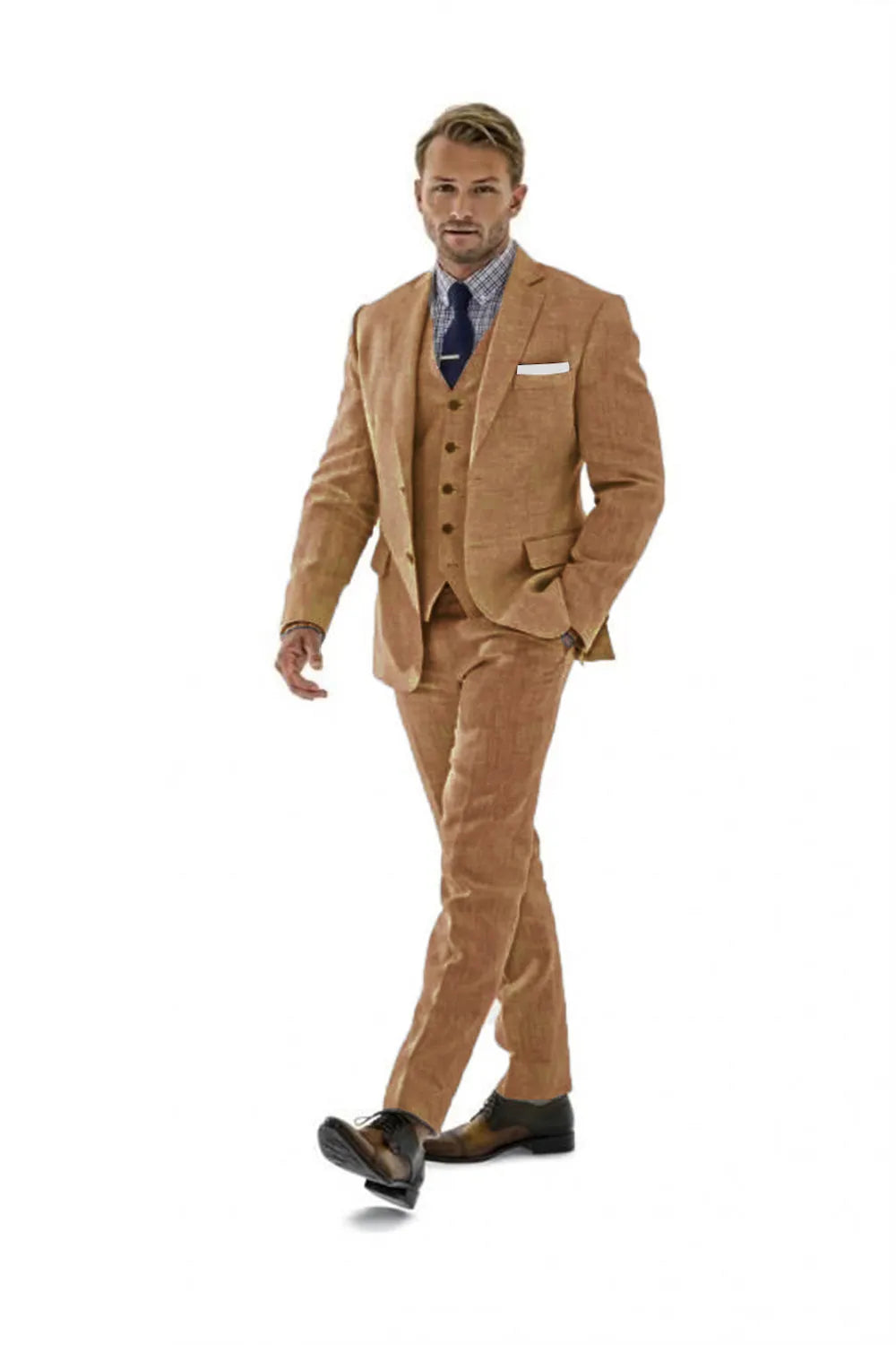 Khaki 3 piece linen suit for men – slim fit summer wedding outfit with blazer, vest, and tailored pants, styled with dress shirt and tie for beach ceremony