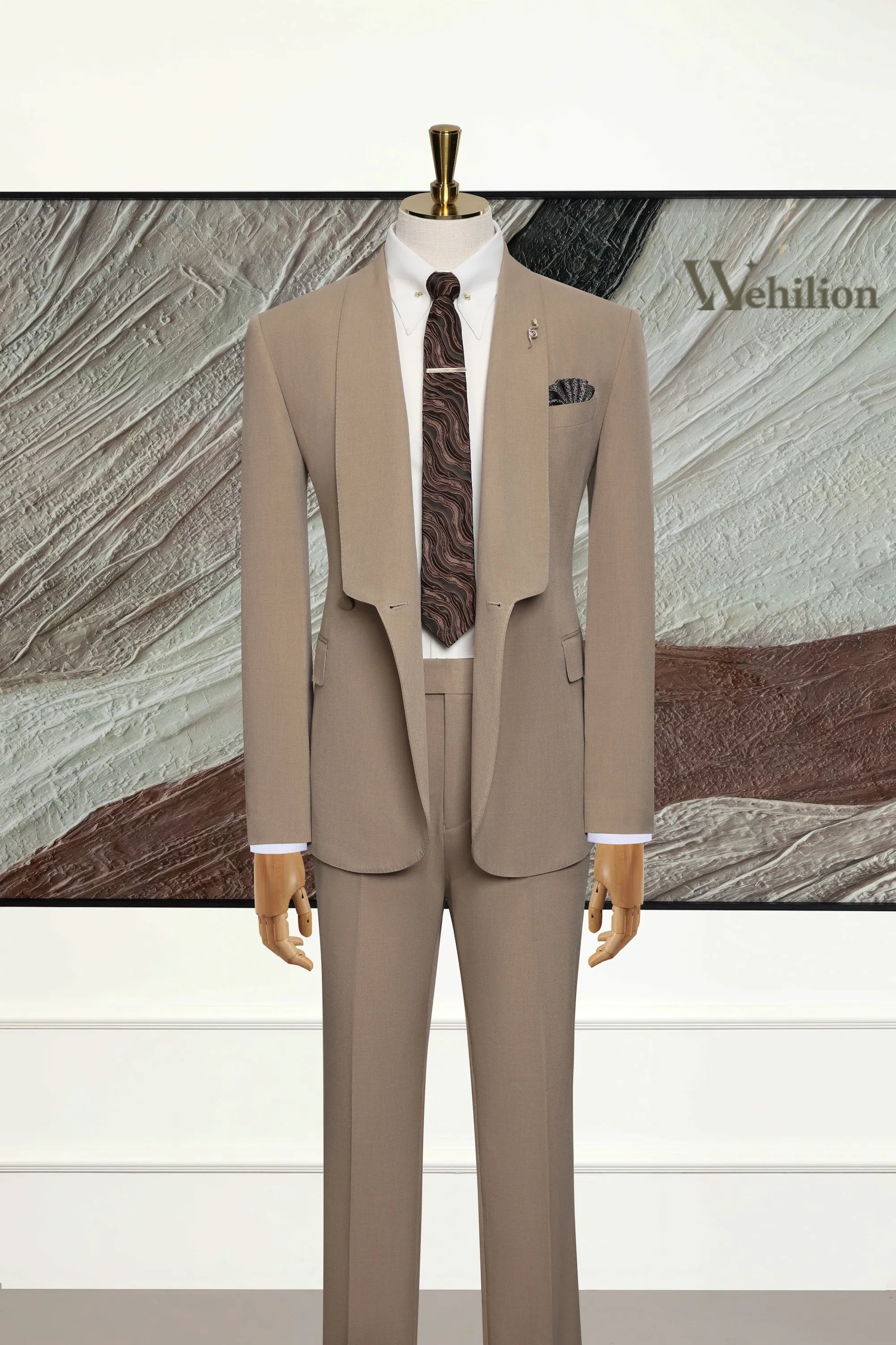 Men's Shawl Collar Khaki 2 Piece Suit
